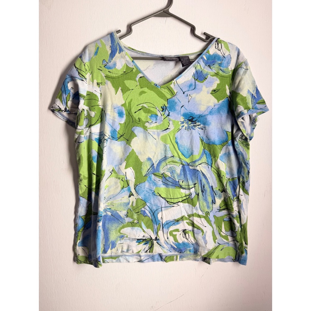 Chicos Additions Floral V-Neck Top Size 3 Large Blue Green Cotton Spandex Tee